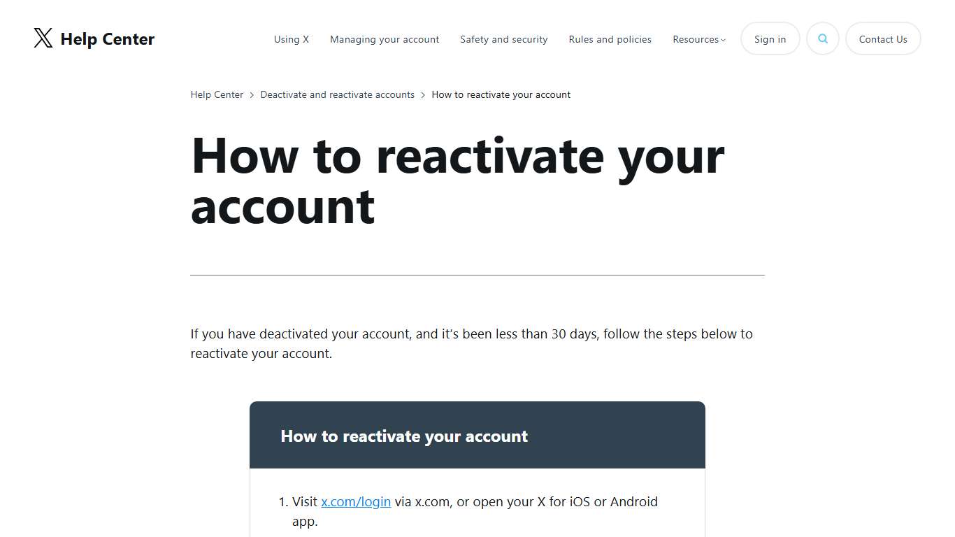 How to reactivate your X account X Help